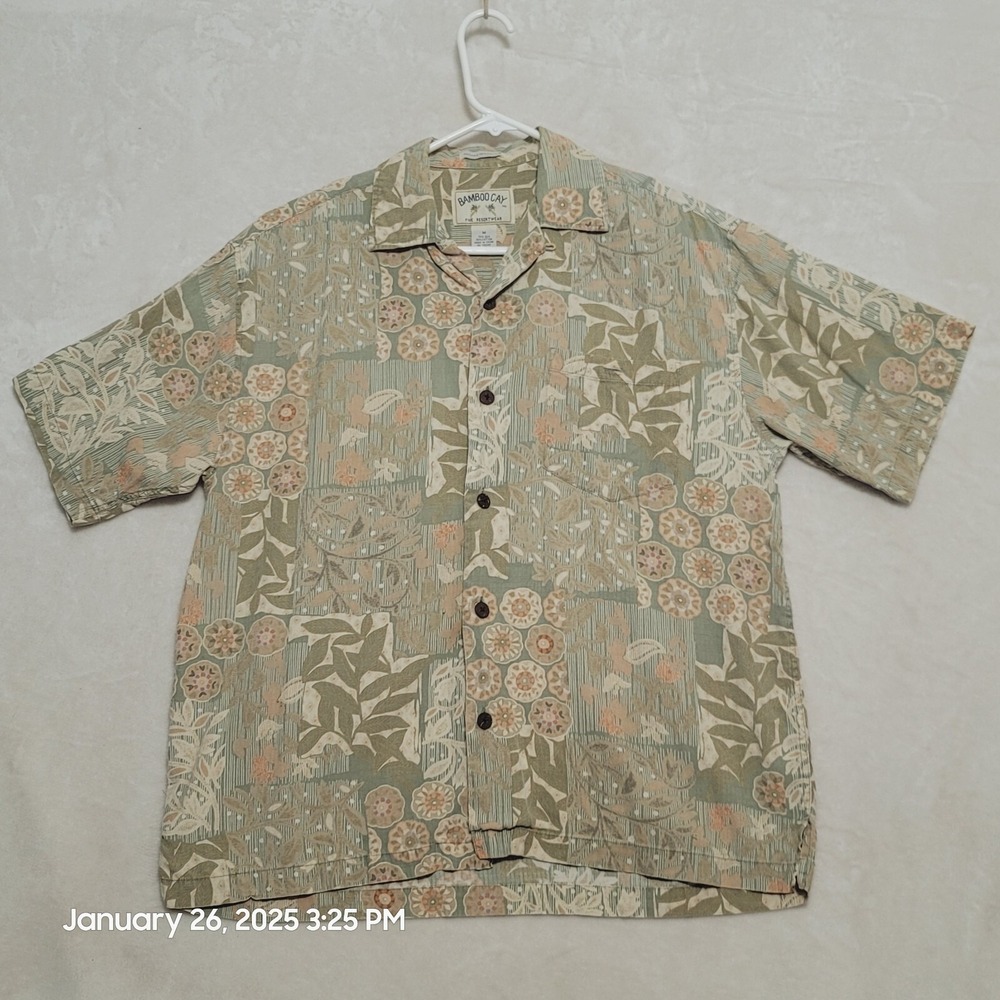 BAMBOO CAY Men's Hawaiian Shirt Sz M Short Sleeve Loop Button-Down Silk‎ Cotton